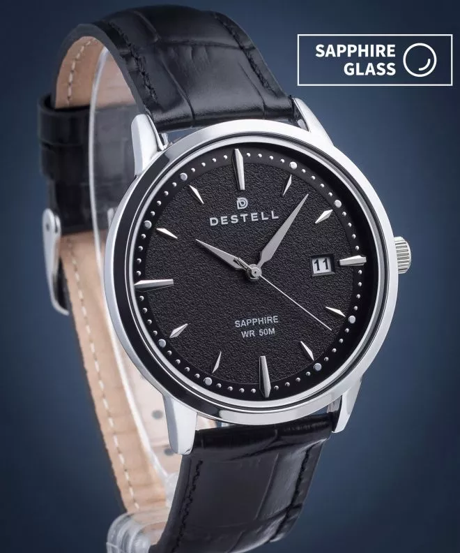 Ceas barbatesc DESTELL Pictor Black Silver Leather Sapphire PT405-15-201L