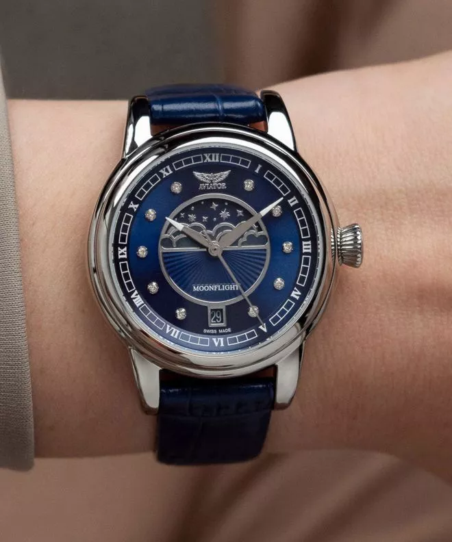 Ceas dama Aviator Douglas Moonflight Blue Diamonds Limited Edition V.1.33.0.379.4