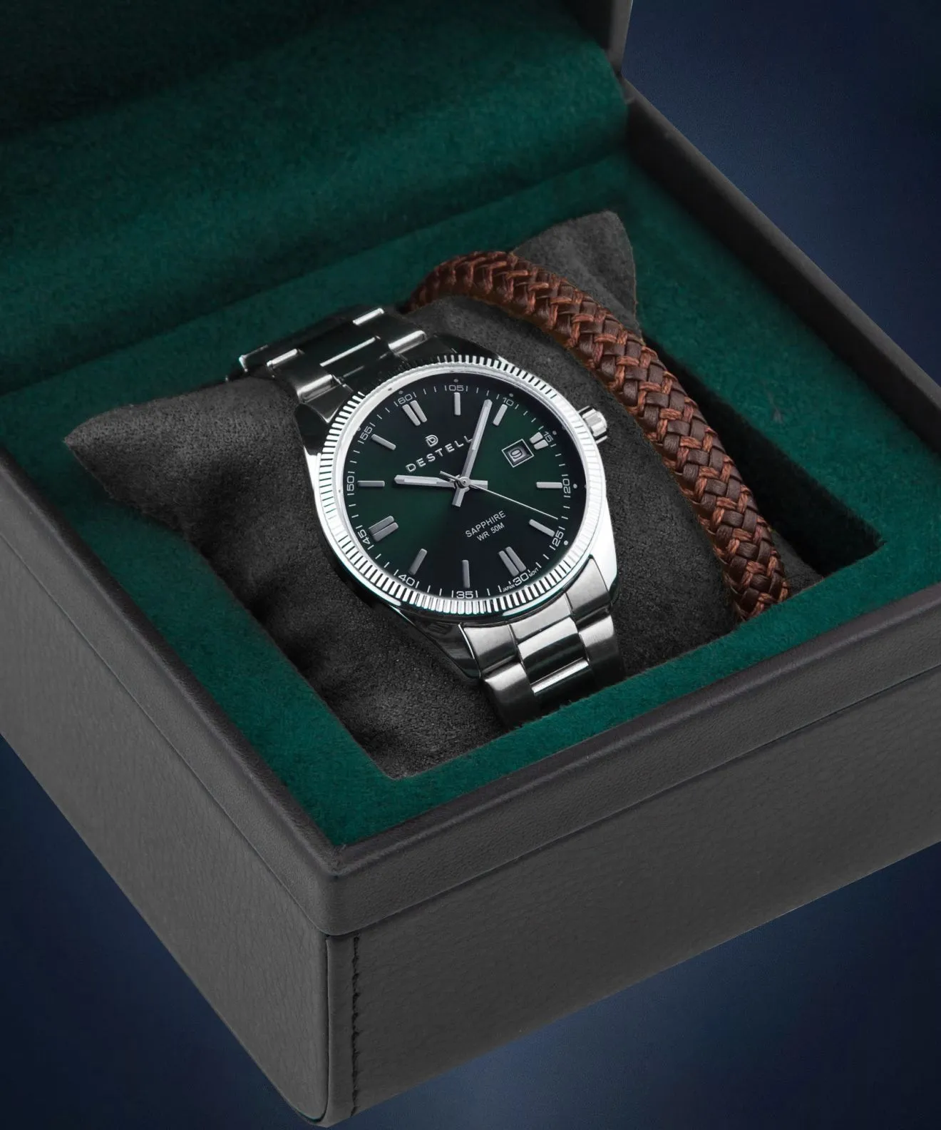 Ceas barbatesc DESTELL Loup Green Silver Steel Sapphire Gift Set LU3855-05-205S-9520-02