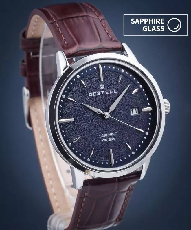 Ceas barbatesc DESTELL Pictor Blue Silver Brown Leather Sapphire PT405-35-209L