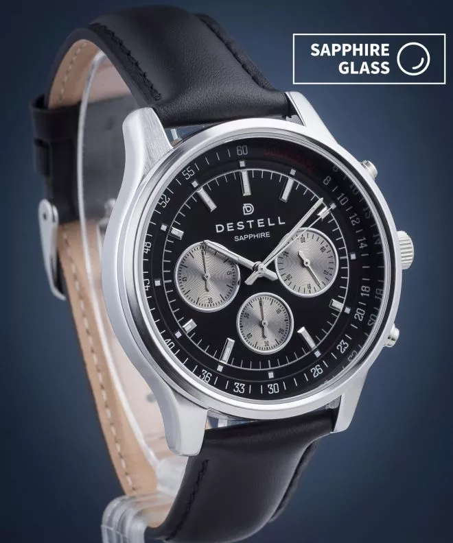 Ceas barbatesc DESTELL Circinus Black Silver Leather Chronograph Sapphire CR415-15-201L