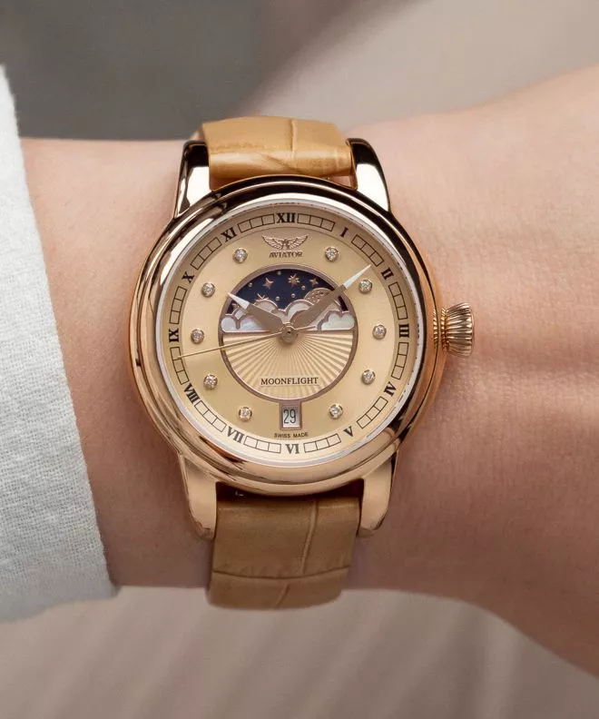 Ceas dama Aviator Douglas Moonflight Rose Gold Diamonds Limited Edition V.1.33.2.383.4