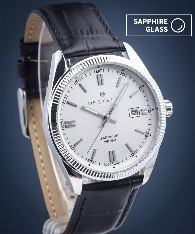 Ceas barbatesc DESTELL Loup White Silver Black Leather Sapphire LU3855-25-201L