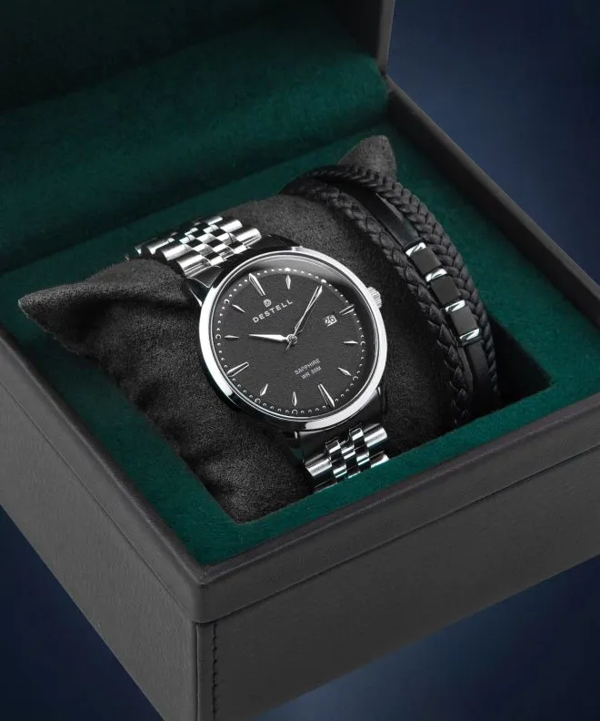 Ceas barbatesc DESTELL Pictor Black Silver Steel Sapphire Gift Set PT405-15-205J-1520-03
