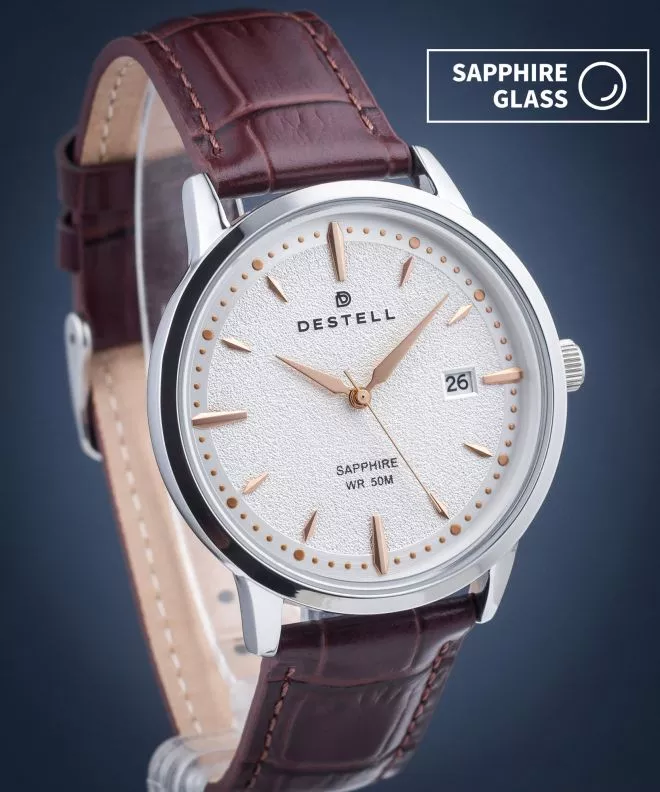 Ceas barbatesc DESTELL Pictor Silver Brown Leather Sapphire PT405-57-209L