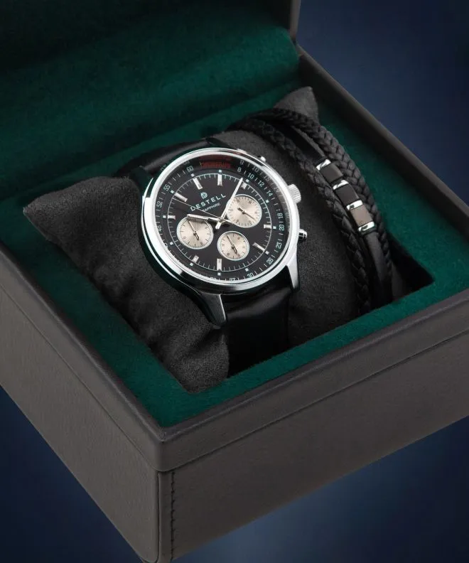 Ceas barbatesc DESTELL Circinus Black Silver Leather Chronograph Sapphire Gift Set CR415-15-201L-1520-03