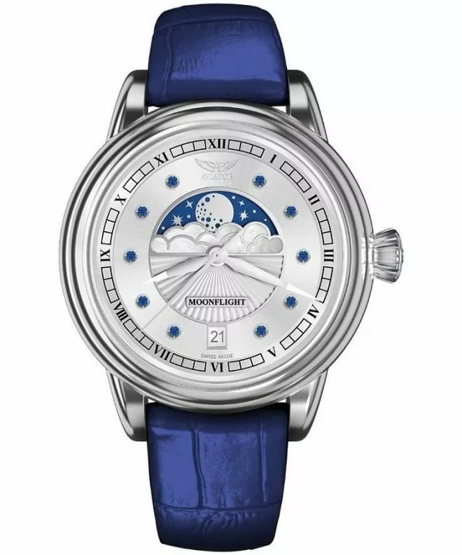 Ceas dama Aviator Moonflight Gemstone Edition Silver Blue Sapphire Limited Edition V.1.33.0.415.4