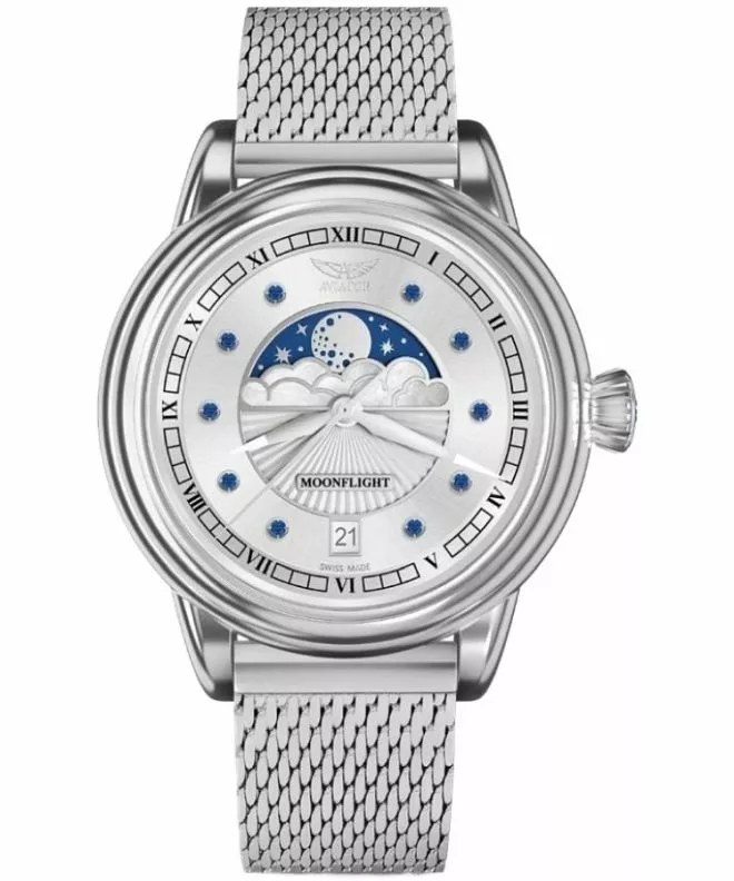 Ceas dama Aviator Moonflight Gemstone Edition Silver Blue Sapphire Limited Edition V.1.33.0.415.5