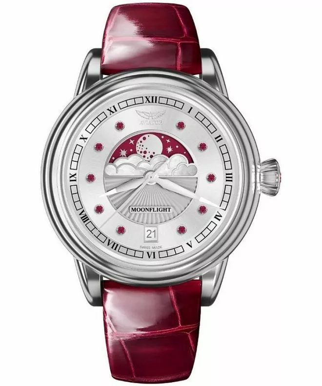 Ceas dama Aviator Moonflight Gemstone Edition Silver Red Ruby Limited Edition V.1.33.0.419.4