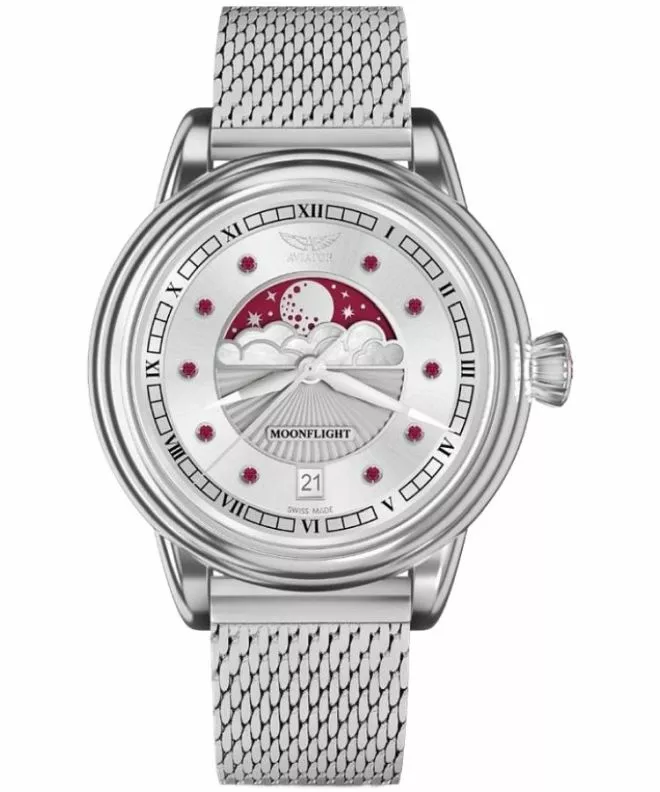 Ceas dama Aviator Moonflight Gemstone Edition Silver Red Ruby Limited Edition V.1.33.0.419.5