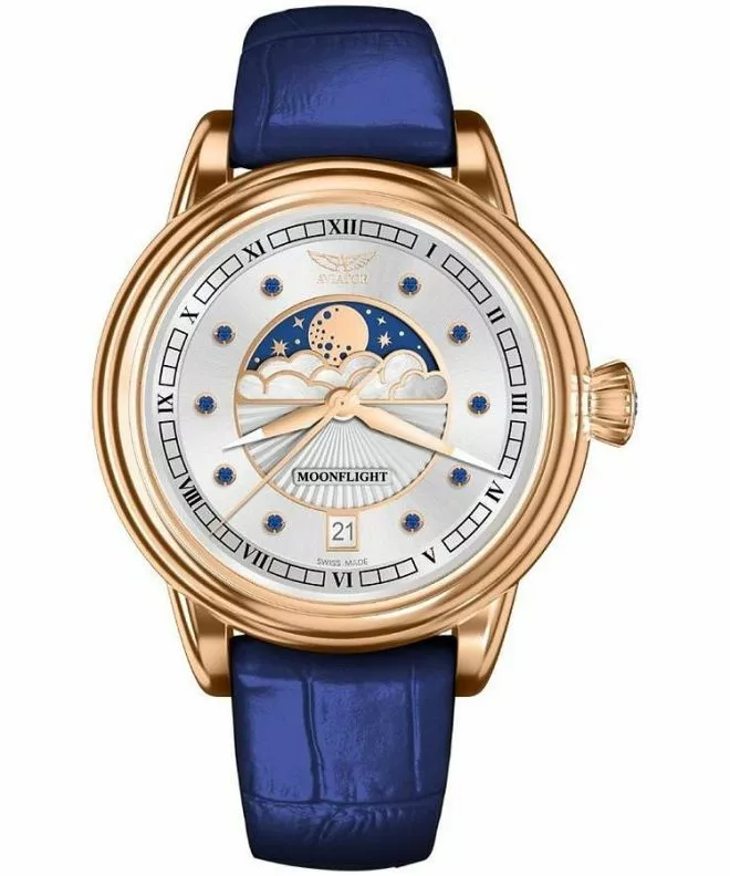 Ceas dama Aviator Moonflight Gemstone Edition Silver Blue Sapphire Limited Edition V.1.33.2.416.4