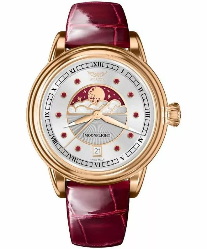 Ceas dama Aviator Moonflight Gemstone Edition Silver Red Ruby Limited Edition V.1.33.2.420.4