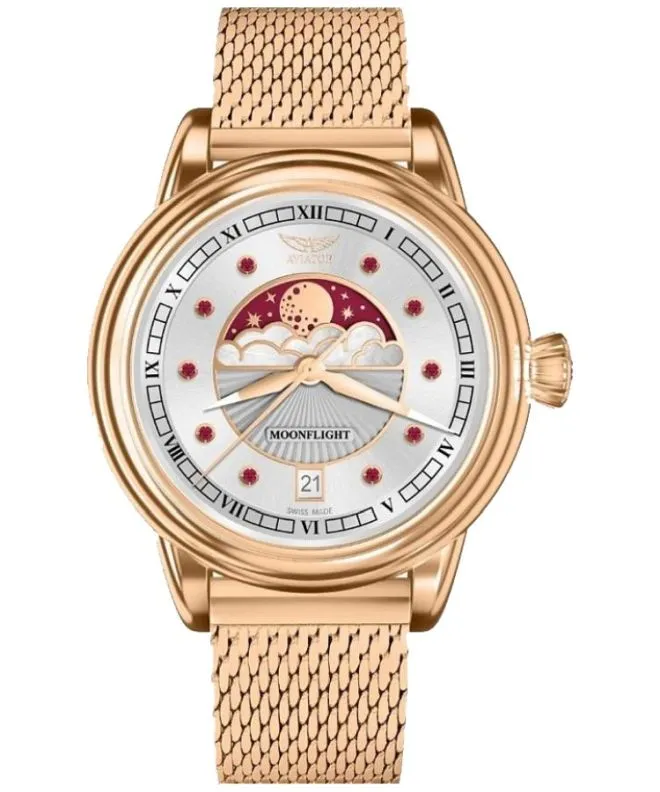 Ceas dama Aviator Moonflight Gemstone Edition Silver Red Ruby Limited Edition V.1.33.2.420.5