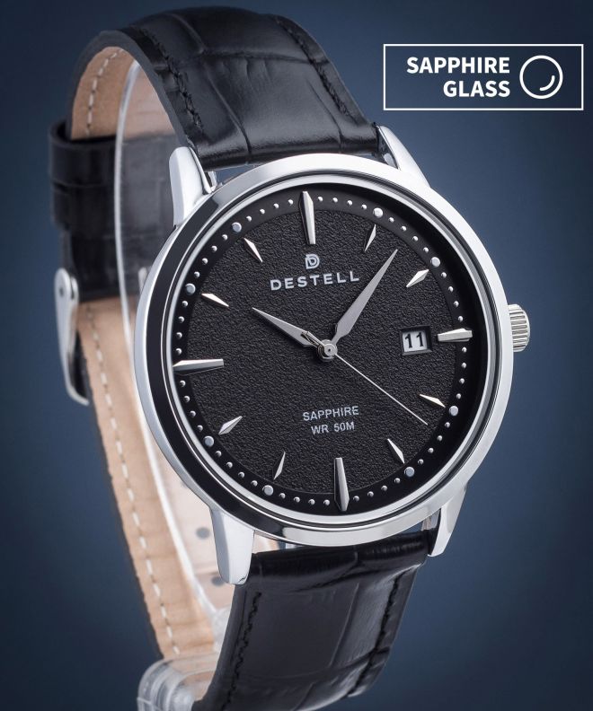 Ceas barbatesc DESTELL Pictor Black Silver Leather Sapphire PT405-15-201L