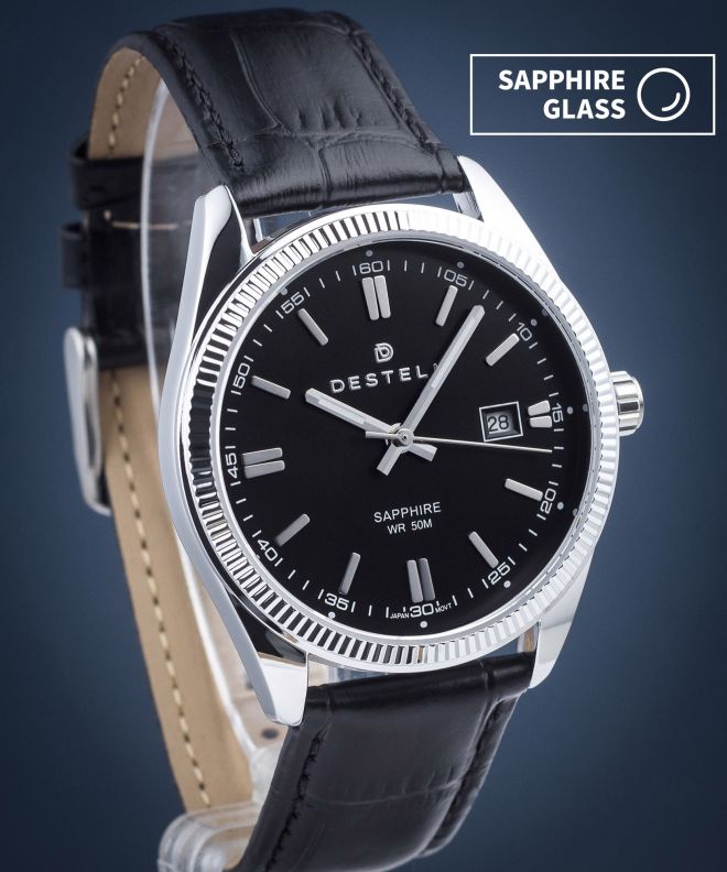 Ceas barbatesc DESTELL Loup Black Silver Leather Sapphire LU3855-15-201L