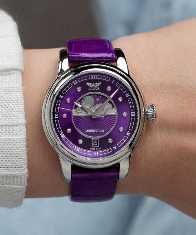 Ceas dama Aviator Douglas Moonflight Purple Diamonds Limited Edition V.1.33.0.361.4