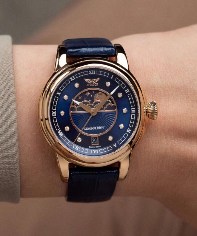 Ceas dama Aviator Douglas Moonflight Blue Diamonds Limited Edition V.1.33.2.380.4