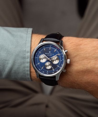 Ceas barbatesc DESTELL Circinus Blue Silver Black Leather Chronograph Sapphire