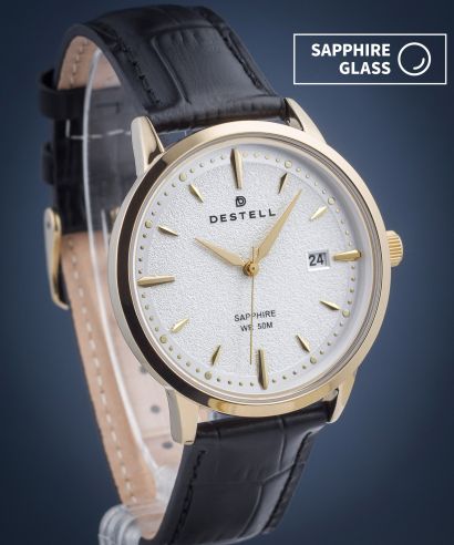 Ceas barbatesc DESTELL Pictor Silver Gold Black Leather Sapphire