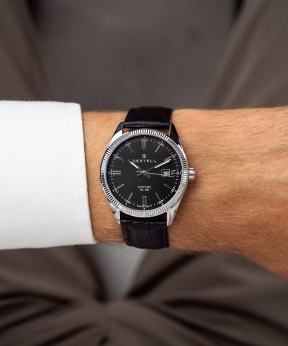 Ceas barbatesc DESTELL Loup Black Silver Leather Sapphire