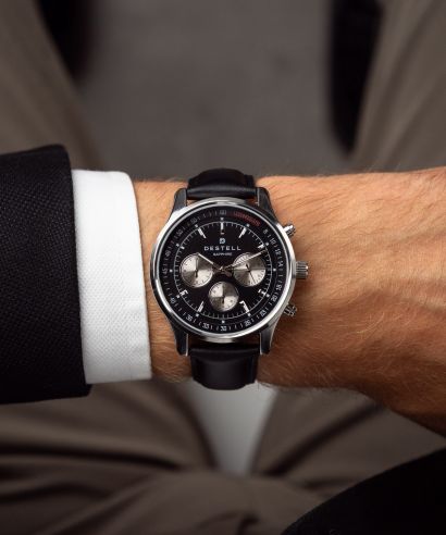 Ceas barbatesc DESTELL Circinus Black Silver Leather Chronograph Sapphire