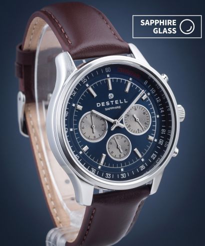 Ceas barbatesc DESTELL Circinus Navy Blue Silver Brown Leather Chronograph Sapphire