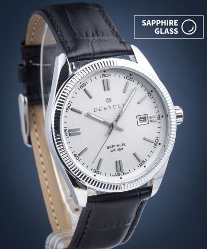 Ceas barbatesc DESTELL Loup White Silver Black Leather Sapphire