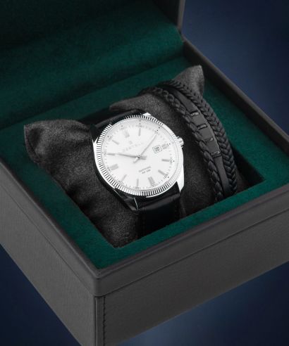Ceas barbatesc DESTELL Loup White Silver Black Leather Sapphire Gift Set