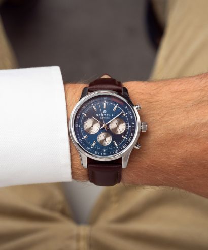 Ceas barbatesc DESTELL Circinus Navy Blue Silver Brown Leather Chronograph Sapphire