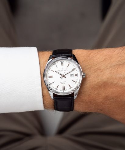 Ceas barbatesc DESTELL Loup White Silver Black Leather Sapphire
