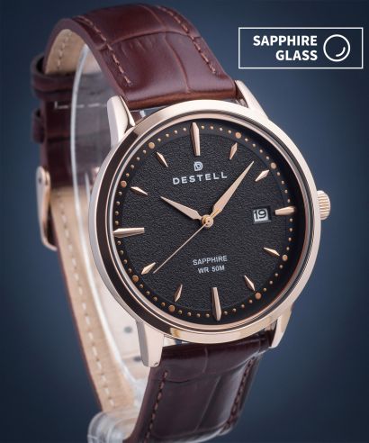 Ceas barbatesc DESTELL Pictor Black Rose Gold Brown Leather Sapphire