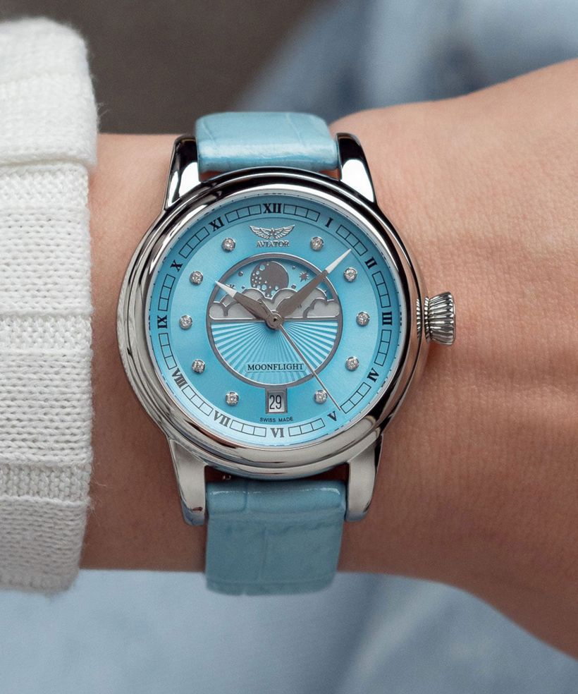 Ceas dama Aviator Douglas Moonflight Ice Blue Diamonds Limited Edition