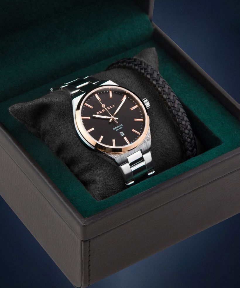Ceas barbatesc DESTELL Aries Black Silver Steel Sapphire Gift Set