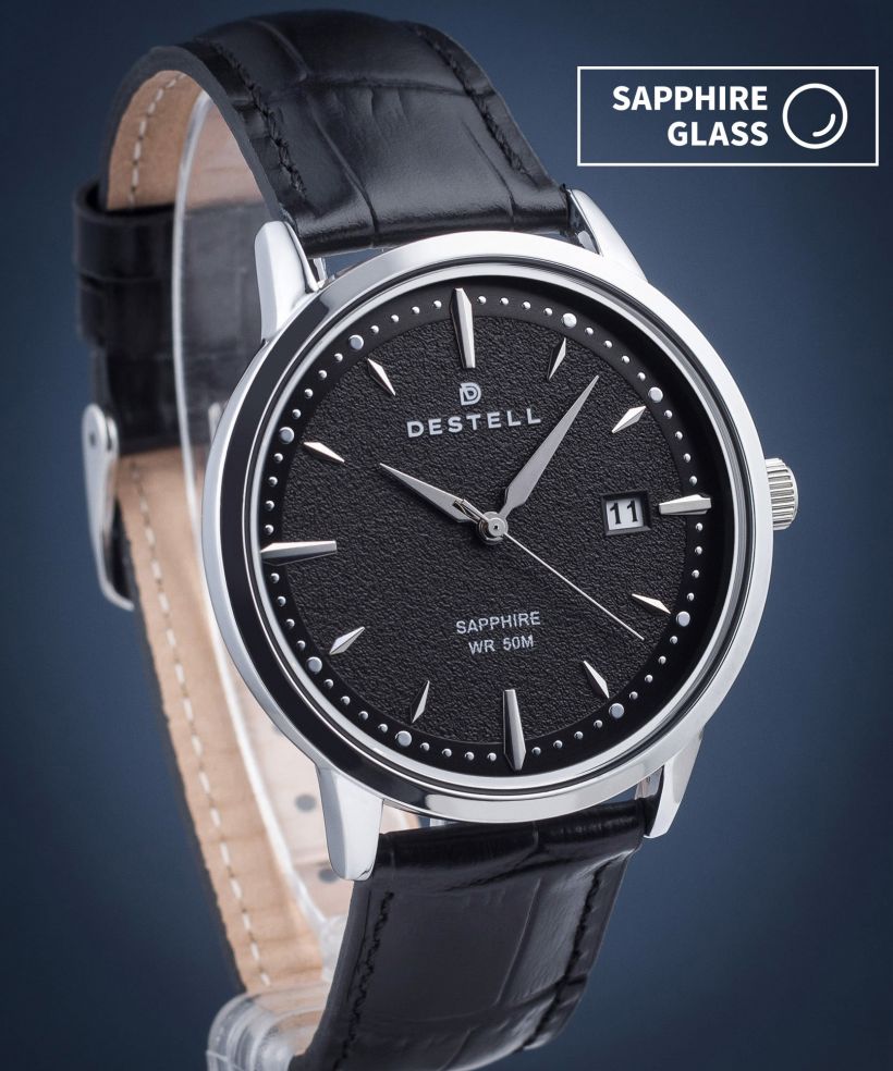 Ceas barbatesc DESTELL Pictor Black Silver Leather Sapphire