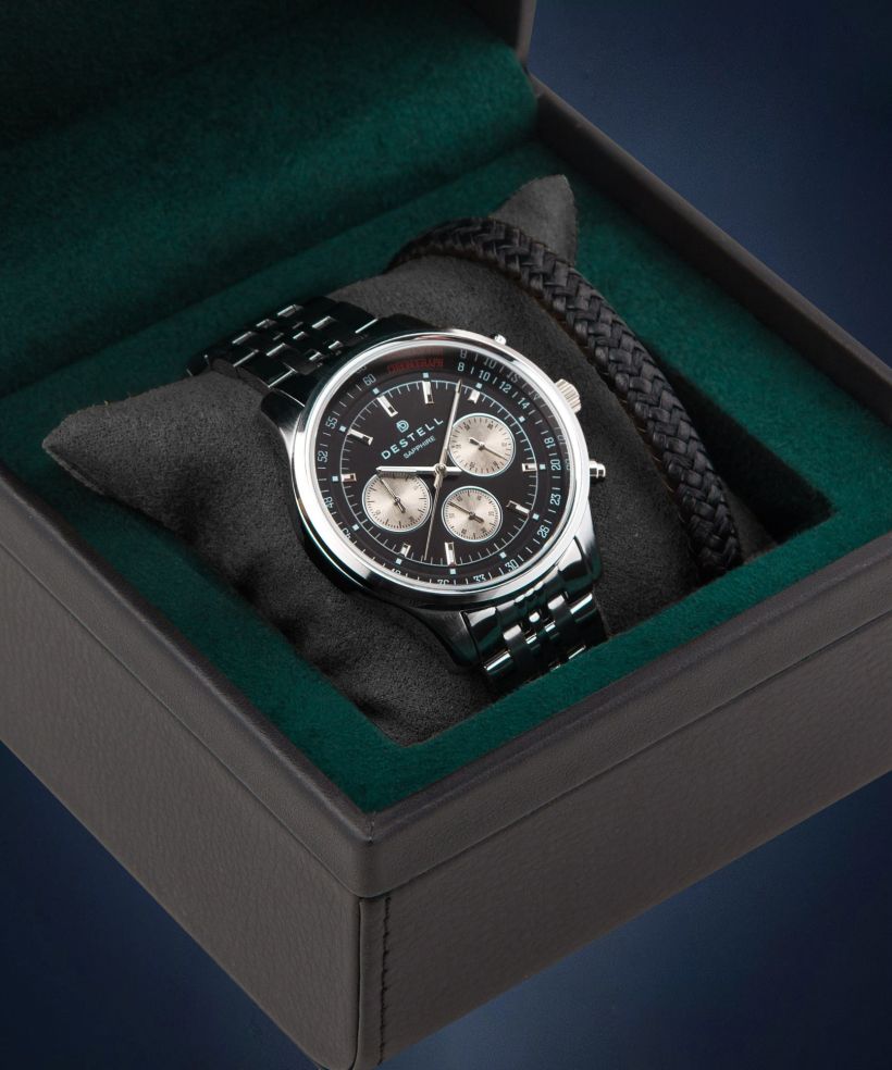 Ceas barbatesc DESTELL Circinus Black Silver Steel Chrono Sapphire Gift Set