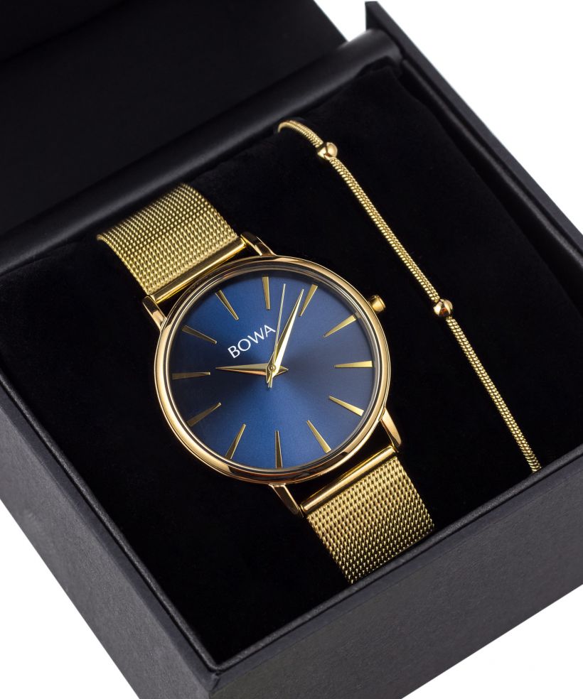 Ceas dama BOWA Praha Navy Blue-Gold Mesh 38 Gift Set