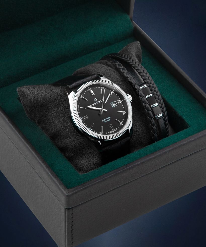 Ceas barbatesc DESTELL Loup Black Silver Leather Sapphire Gift Set
