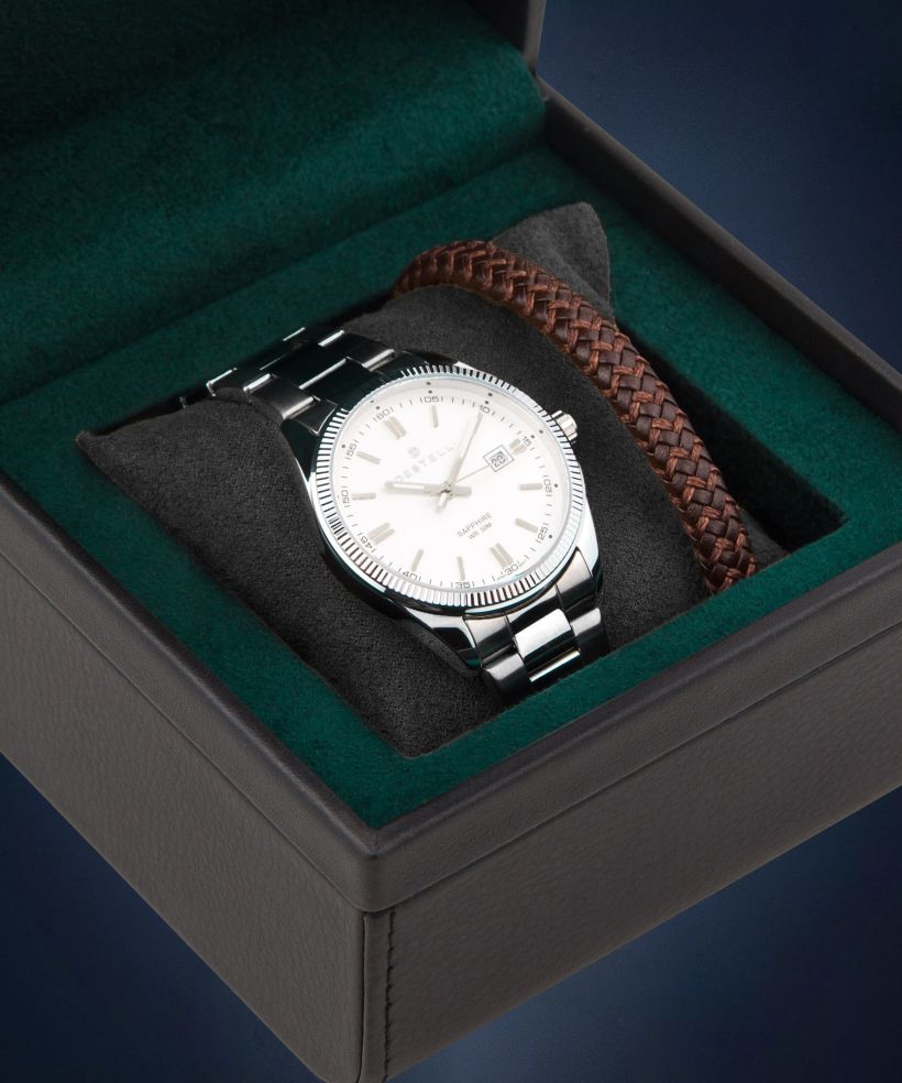 Ceas barbatesc DESTELL Loup White Silver Steel Sapphire Gift Set