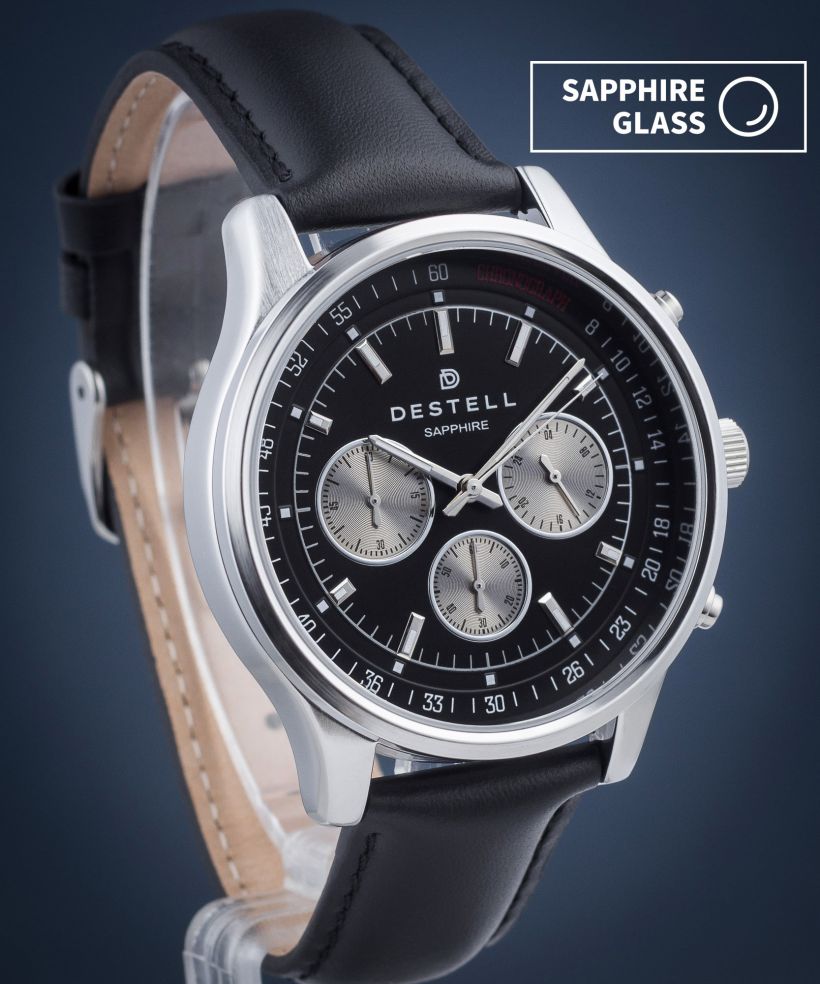 Ceas barbatesc DESTELL Circinus Black Silver Leather Chronograph Sapphire