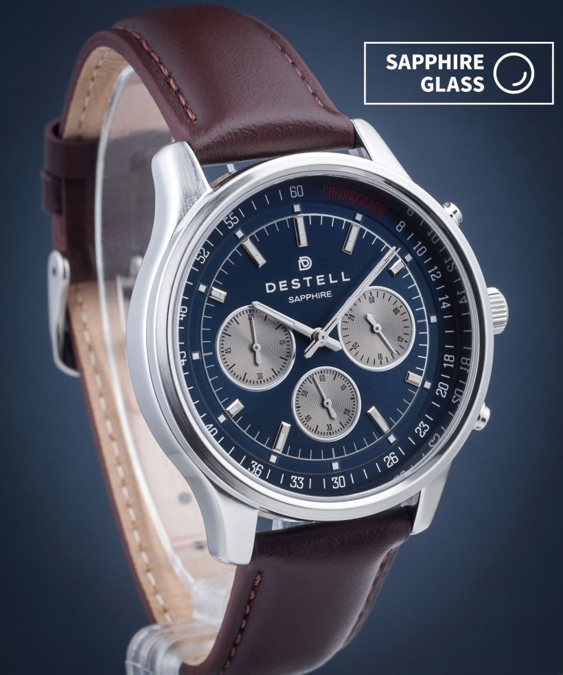 Ceas barbatesc DESTELL Circinus Navy Blue Silver Brown Leather Chronograph Sapphire