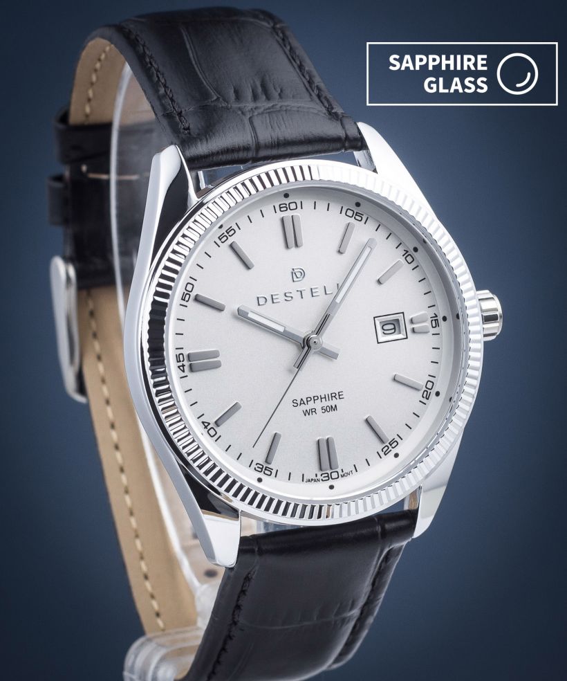 Ceas barbatesc DESTELL Loup White Silver Black Leather Sapphire