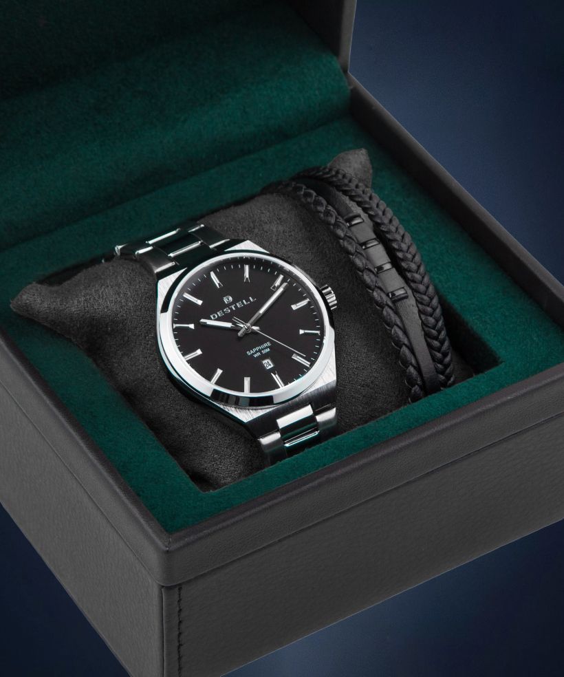 Ceas barbatesc DESTELL Aries Black Silver Steel Sapphire Gift Set