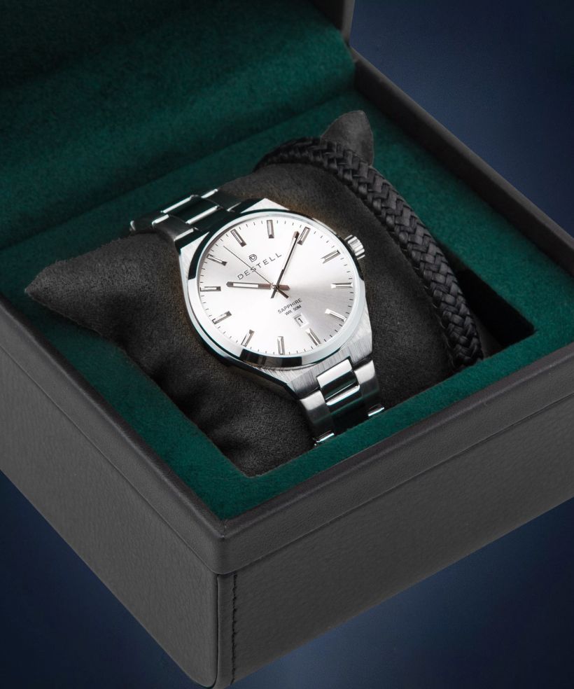 Ceas barbatesc DESTELL Aries Full Silver Steel Sapphire Gift Set