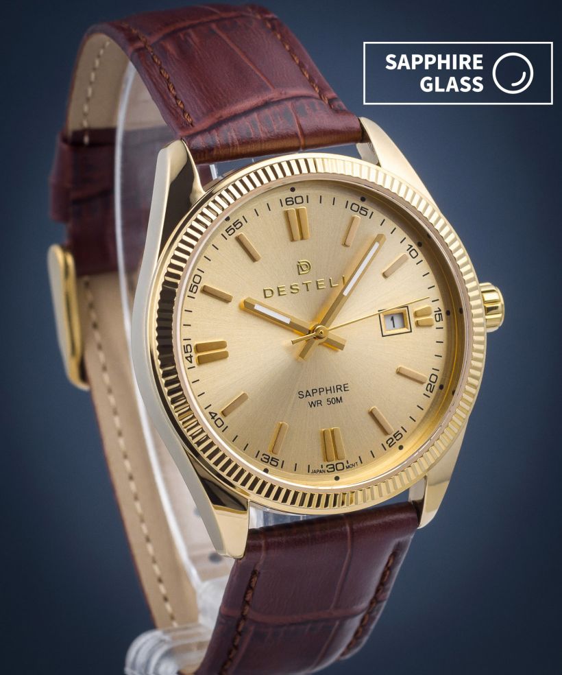 Ceas barbatesc DESTELL Loup Gold Brown Leather Sapphire