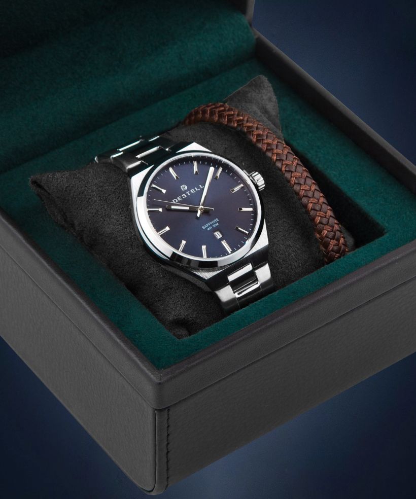 Ceas barbatesc DESTELL Aries Navy Blue Silver Steel Sapphire Gift Set