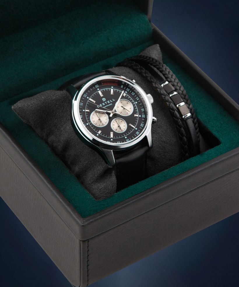 Ceas barbatesc DESTELL Circinus Black Silver Leather Chronograph Sapphire Gift Set