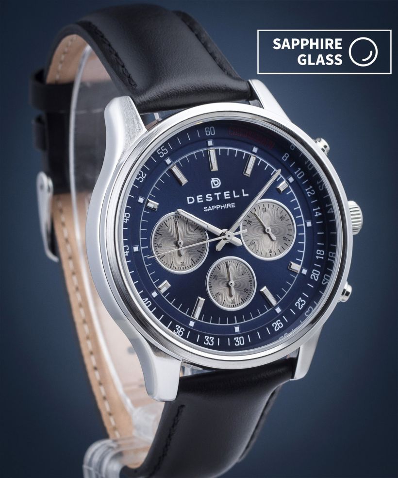 Ceas barbatesc DESTELL Circinus Blue Silver Black Leather Chronograph Sapphire