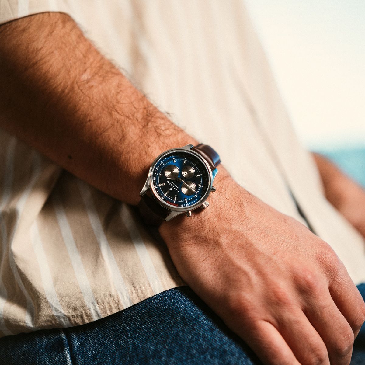 Ceas barbatesc DESTELL Circinus Blue Silver Brown Leather Chronograph Sapphire