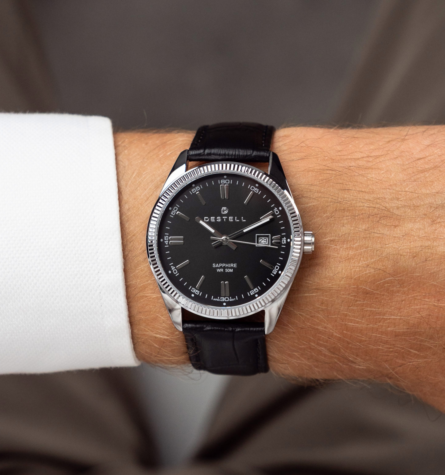 Ceas barbatesc DESTELL Loup Black Silver Leather Sapphire