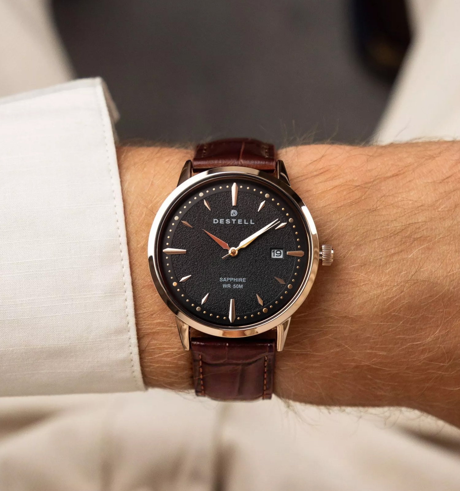 Ceas barbatesc DESTELL Pictor Black Rose Gold Brown Leather Sapphire